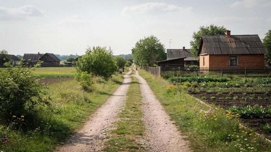 A Ukrainian countryside farm path with greenery, suitable for agritourism and eco-tours